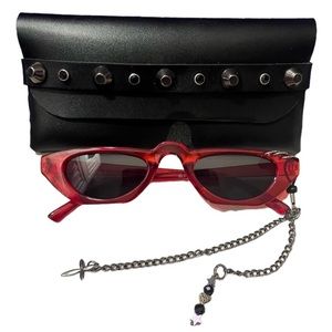 Red frame sunglasses black shades with piercings deco dangly chain + pouch